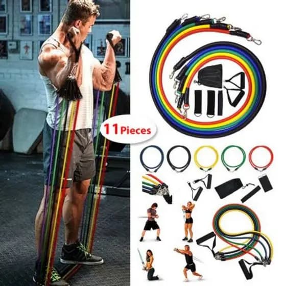 Kit Elástico Extensor 11 Pcs Exercícios em Casa - Fit Academia - Treino