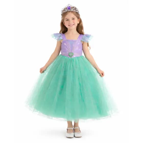 Fantasia Infantil Sereia Ariel Princesa Vestido Luxo Fundo do Mar Disney com Coroa Acessório Menina Festa Carnaval