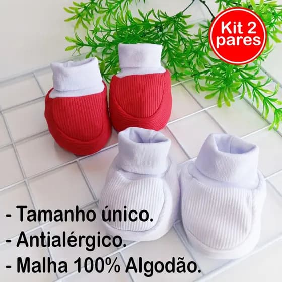 Kit 2 pares Sapatinho Pantufa Meia Bebe Recém Nascido Bebê Malha Canelada 100% Algodão