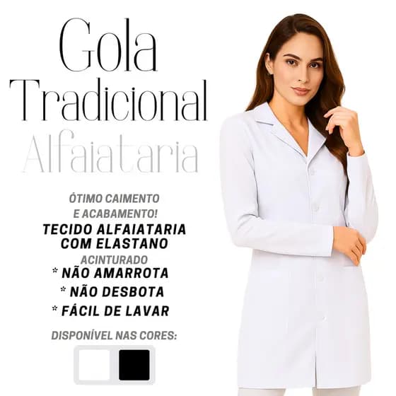 Jaleco FLA Alfaiataria Feminino Acinturado Elastano Premium Confortável enfermeira Medica Hospital Branco Preto