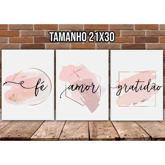 KIT 3 quadros Fé Amor Gratidão Rosa Placa decorativa 21x30 - Quadros com frase Quadros para sala Quadros para quarto