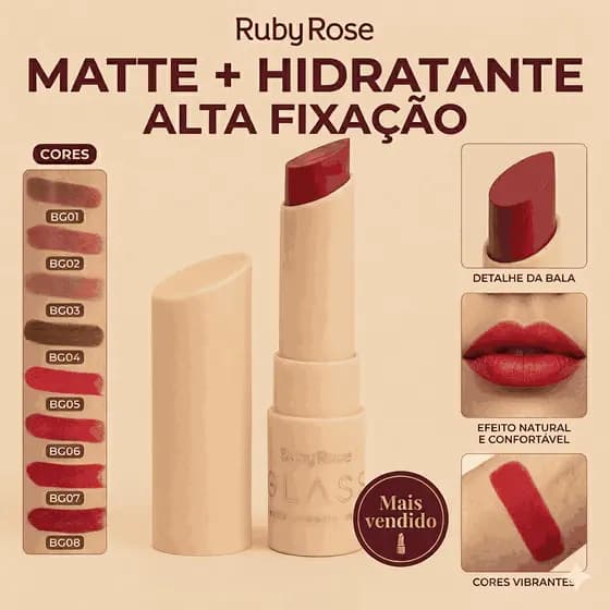 Batom Bala Glass Creamy Matte - Ruby Rose