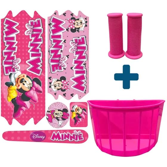 Kit Infantil Para Bicicleta Bike Cesta Rosa + Adesivo Minnie Menina P/ Bike Aro 16/20