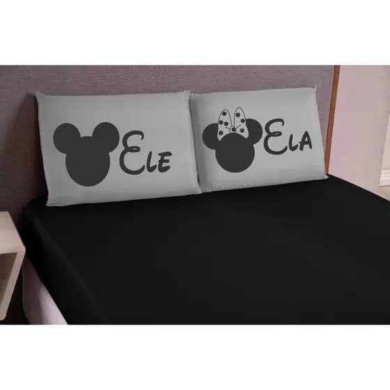 jogo de lençol queen 03 peças estampado ele ela cinza preto