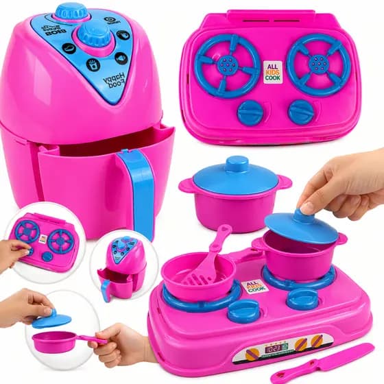 KIT COZINHA INFANTIL COM FOGÃO + AIRFRYER + JOGO DE JANTAR PANELINHAS peças