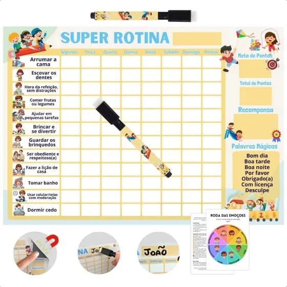 Quadro de Incentivo Infantil Magnético Tarefas Diárias com Ímã para Geladeira Rotina Educativa 30x21cm