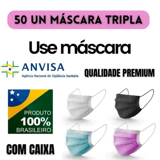 Kit Máscara 50 Unidades Várias Cores Descartável Para Proteção Facial Tripla C/ 50 Unidades Cirúrgicas ANVISA