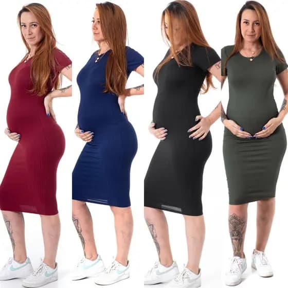 Vestido Midi Gestante Grávida Maternidade Confortável Canelado Manga Manguinha Moderno Social