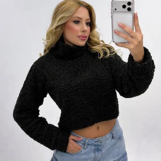 Blusa Cropped Teddy Carneirinho Gola Alta Inverno Quentinho Outono Elegante Quentinho Manga Longa Moda Inverno