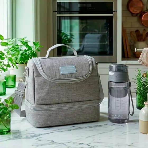 Kit 2 Bolsa Lancheira Térmica + Garrafa Squeeze Trabalho Cozinha Dia a Dia Kit Higiene Cinza