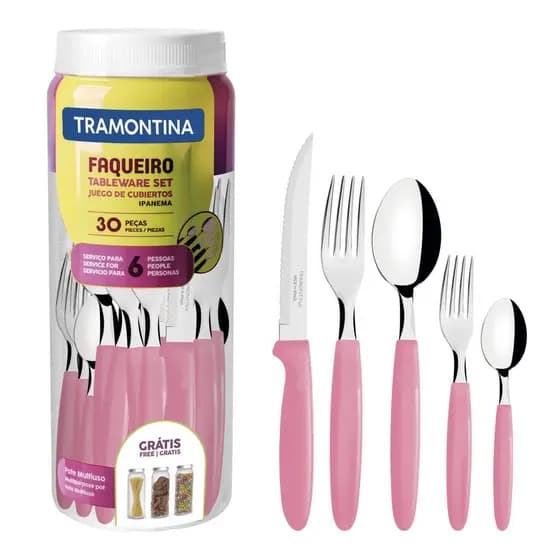 Faqueiro Tramontina Inox C/ Pote Plástico Ipanema 30 Pç Rosa