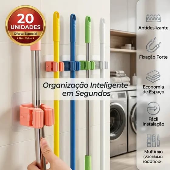 Kit Até 20 Suportes de Vassoura Sem Furar Parede Organizador Adesivo Forte Silicone Antiderrapante