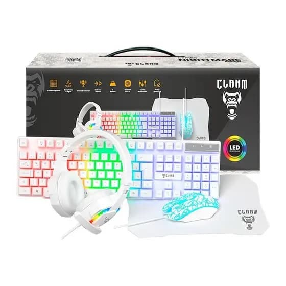 KIT COMBO GAMER - COMBO BRANCO -TECLADO, MOUSE, FONE E MOUSEPAD - SNOW CLANM