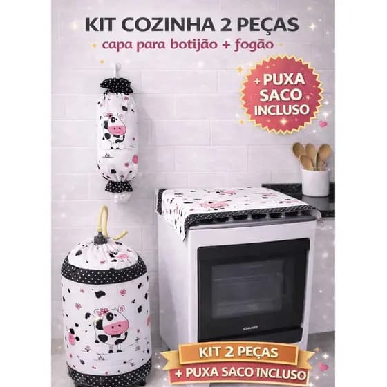 Kit Cozinha 2 Peças + Puxa Saco INCLUSO | Capa Fogão + Capa Botijão Decorativo Promoção