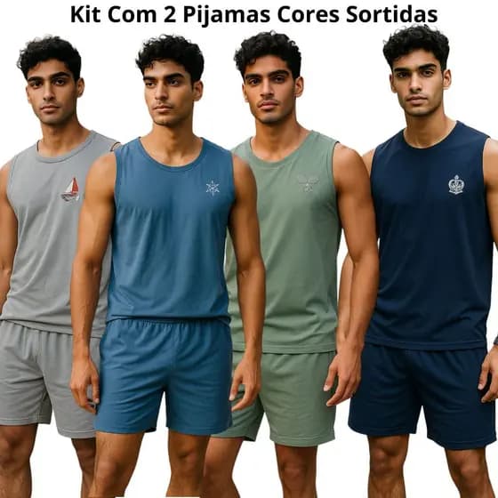 Kit 2 Pijamas Masculino Regata Verão Adulto em Malha de Qualidade cores sortidas