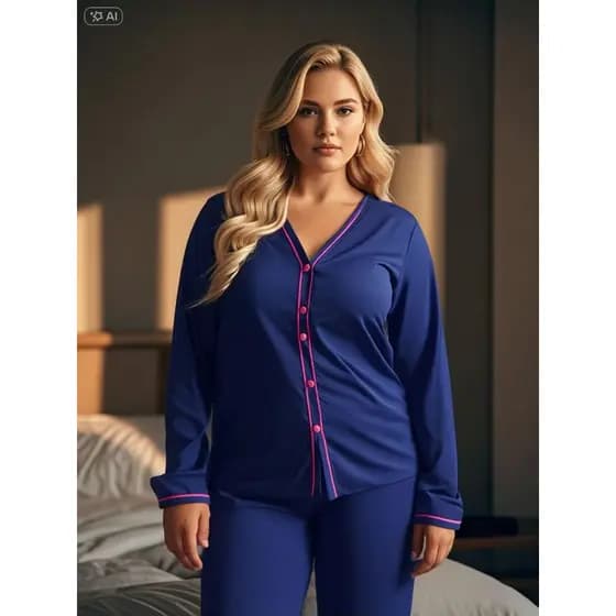 Pijama Plus Size com Botão Amamentação Pós Parto Confortável Calça com Manga Longa