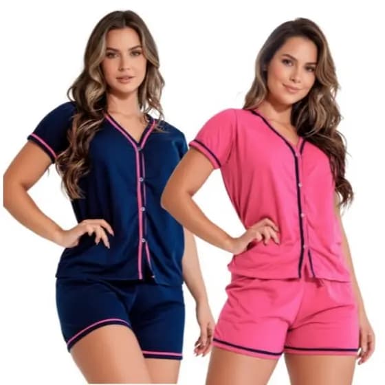 Kit 2 Pijamas Americano Amamentação Baby Doll Cirúrgico com botões em Malha Cores Sortidas