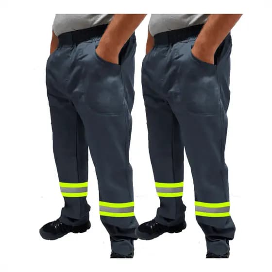 Kit C/ 2 Calça de Uniforme Eletricista Brim Profissional Reforçada Com Faixa Refletiva Verde