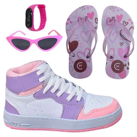 Tênis Infantil Feminino Botinha Cano Alto Meninas Escolar Confortável + Óculos Relógio Chinelo