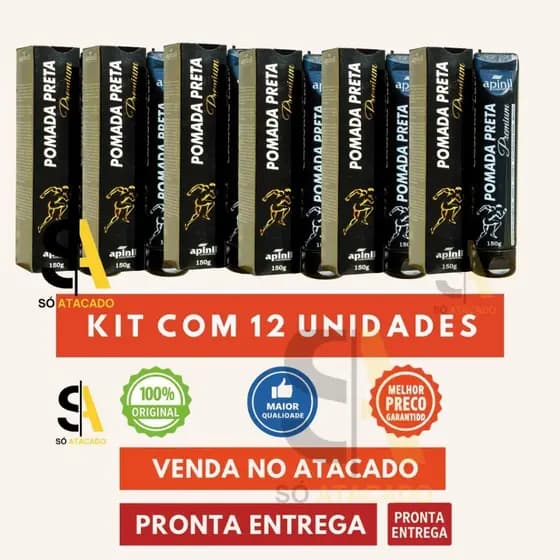 🔥KIT 12 UND Pomada Preta Premium Apinil 150g – Original | Atacado Revenda | Com Nota Fiscal.