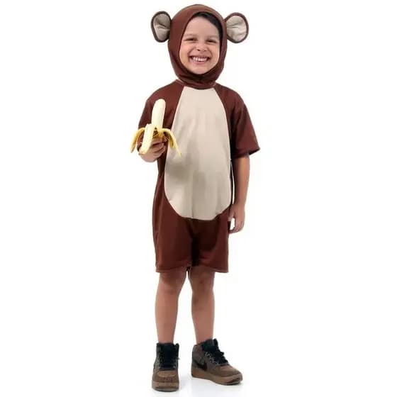 Fantasia de Macaco Infantil Curto Roupa de Macaco com Rabo e Capuz com Orelhas Sulamericana 915612