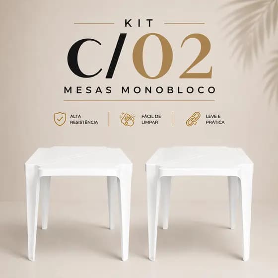 Kit com 2 Mesas Monobloco Plástica Reforçada Ideal para Casa e Jardim