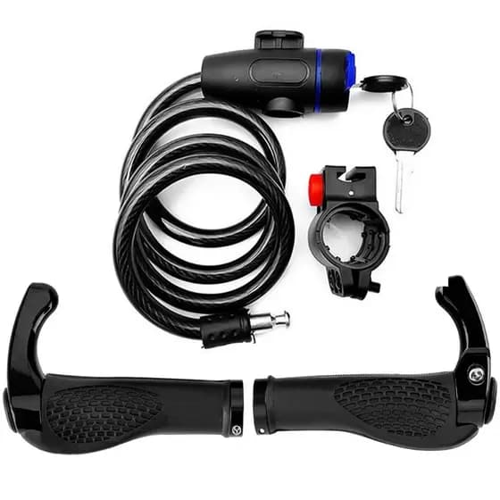 Trava Cabo De Aço Cadeado Segurança Bike Moto Com Chave Espiral Com suporte + Par De Manopla Anatômica Gel Trava Bar End Bike Bibicleta Top