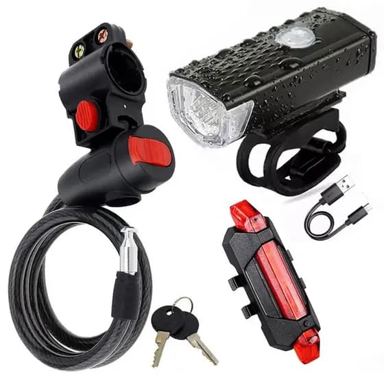 Farol Luz Led Usb Recarregável Sinalizador TraseirO + Trava Cabo De Aço Cadeado Bike Moto Com Chave