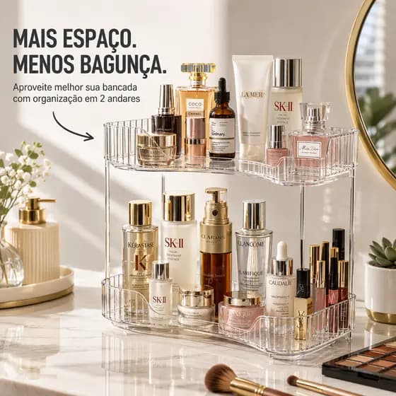 Prateleira Organizadora 2 Andares Acrílico Transparente de Canto para Banheiro Penteadeira Closet Cosméticos