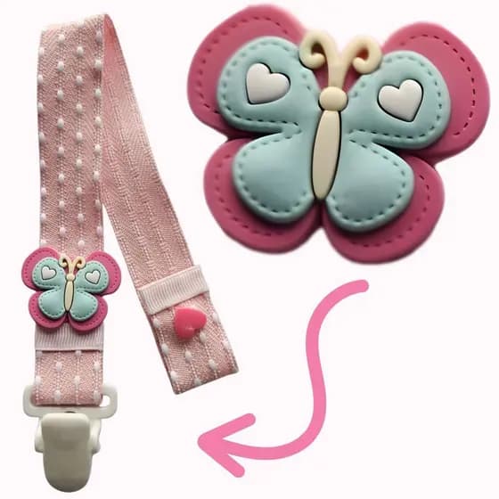 Prendedor de chupeta Borboleta Rosa Menina Bebê Com Apliques Presilha Resistente Angu Bebê
