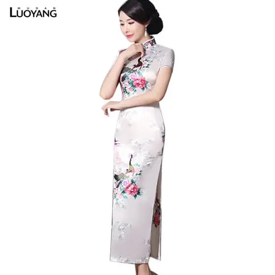 Pavão Estampado Feminino Chinês Longo Cheongsam Dama De Honra Vestido De Noite De Manga Curta