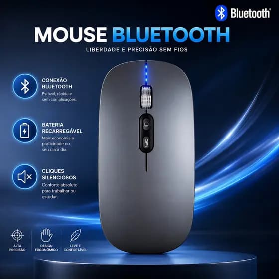 Mouse Bluetooth Recarregável para MacBook Dell Notebook Tablet e Celular Silencioso e Ergonômico