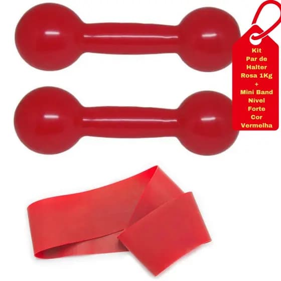 Halter Par Bola Emborrachado 1 Kg Rosa + Mini Band Faixa Elástica Forte Vermelho