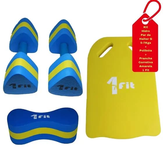 Par de Halter Hidro G Azul/Amarelo + Poliboia + Prancha de Natação Corretiva Amarela