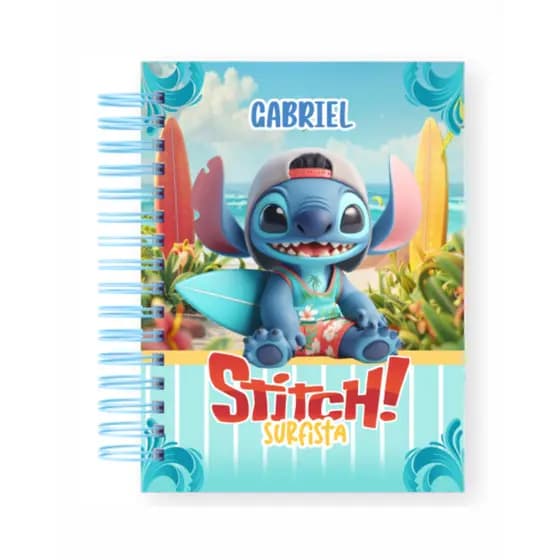Caderno Universitário Stitch Surfista Personalizado Nome Escolar Volta as Aulas Espiral Capa Dura