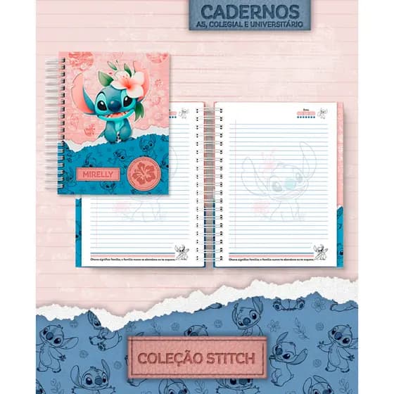 Caderno Personalizado Escolar Universitário Stitch Espiral Capa Dura 10 Matérias 200 Folhas