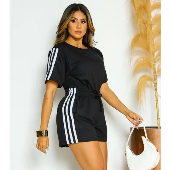Conjunto Feminino Marcelly 2 peças Blusa e Short Moletom com faixas laterais Academia e esporte