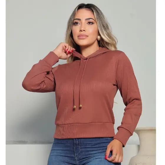 Jaqueta Feminina THAIS FLANELADA PREMIUM com capuz e cordão malha canelada Ribana