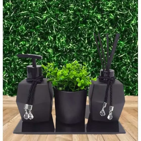 Kit Lavabo Banheiro Preto Fosco Com Copo Bandeja Vaso Pingente Cristal 250 Ml Casa E Decoração Conjunto Lavabo