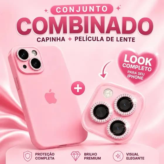Kit Luxo para iPhone Capinha Silicone + Lente com Brilho