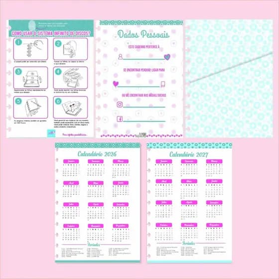 Folha de Informações + Calendários + Bolso de papel para Caderno de Disco Sistema Inteligente