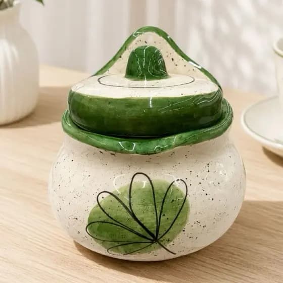 Saleiro Pequeno De Cerâmica Verde Decorado a Mão Decoração Cozinha Saleiro De Parede