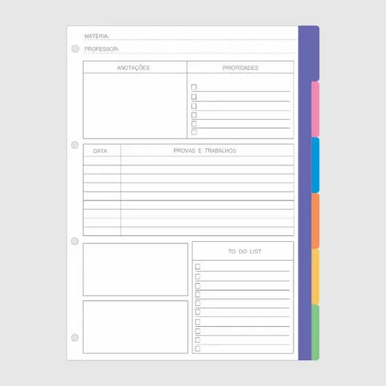Divisórias Caderno Argolado, Divisórias Fichário ou caderno reposicionável
