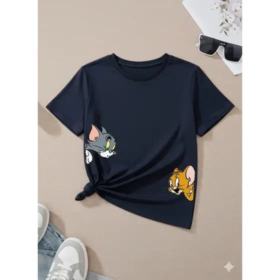 Camiseta De Algodão Baby Look Estampada Tom e Jerry Estampa Diferenciada