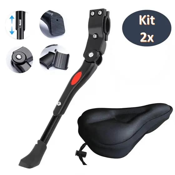 Kit Ciclismo Capa De Banco Em Gel Silicone Selim Bike Bicicleta + Pezinho de Apoio Lateral Descanso