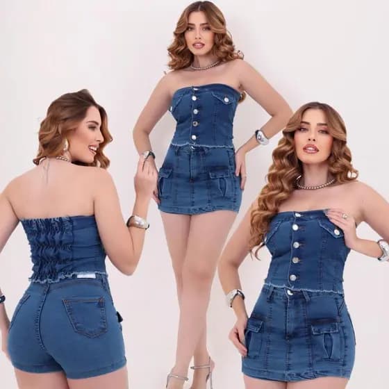Conjunto Jeans Cropped Tomara Que Caia + Short Saia Feminino