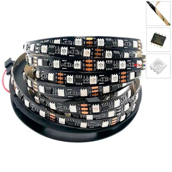 Fita LED WS2811 Endereçável 5 metros, 60 LEDs/m, 300 LEDs, IP30, 12 Volts, Preta e Branca