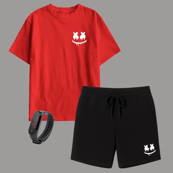 Kit Camiseta Infantil Smile e Short Masculino Moletinho + Brinde Relógio Digital