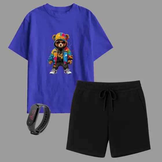 Kit Camiseta Infantil Masculina e Short Moletinho Infantil + Relógio Digital