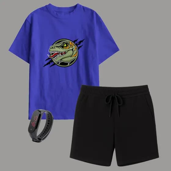 Kit Infantil Camiseta Dinossauro e Short Moletinho + Brinde Relógio Digital